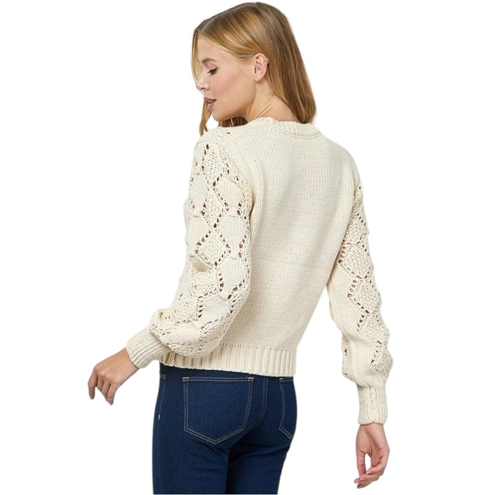 Cream Pointelle Knit Sweater Pullover Balloon Sleeve Button Detail size S, M, L - Picture 4 of 7